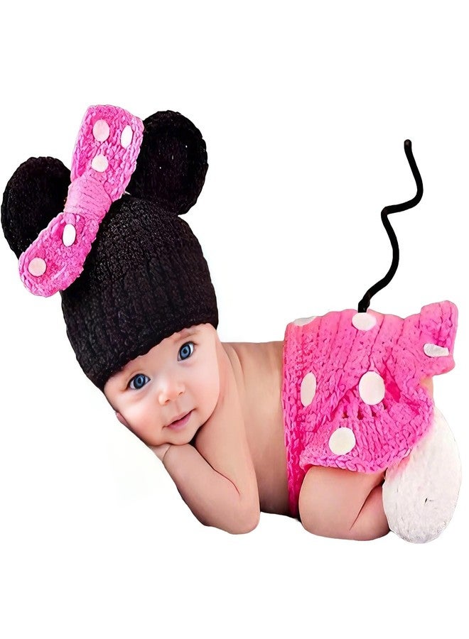 Jastore Photography Prop Baby Costume Cute Crochet Knitted Hat Cap Girl Boy Diaper Shoes Mouse (Pink) - Image 1